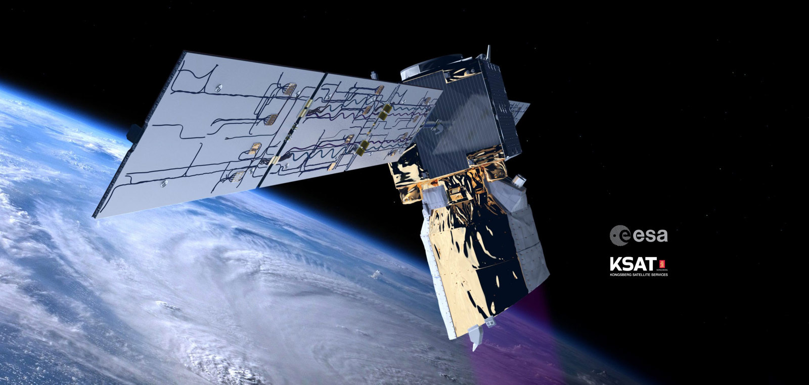 Satellite in space with Earth in the background and ESA and KSAT logos.