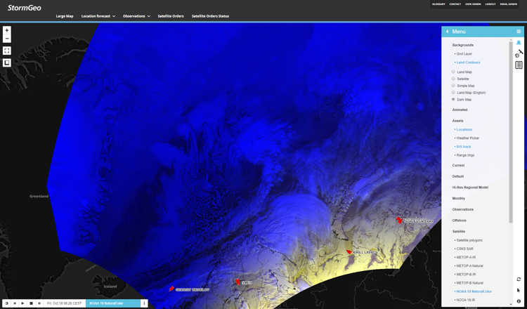 StormGeo screenshot displaying a weather map of the Arctic region with various menu options on the right.