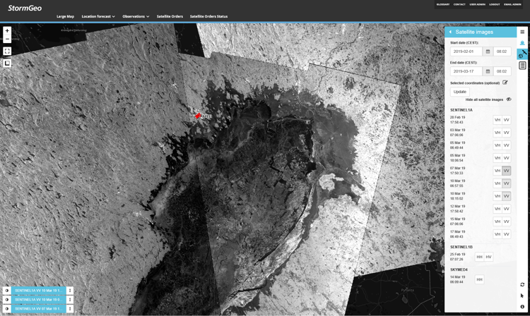 StormGeo screenshot displaying a satellite image map with various menu options on the right.