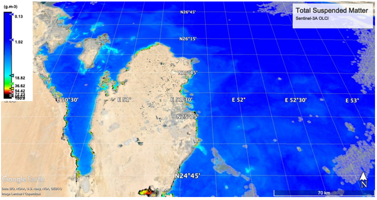 Map showing total suspended matter around a landmass, with varying concentrations represented by different colors from low (blue) to high (red).