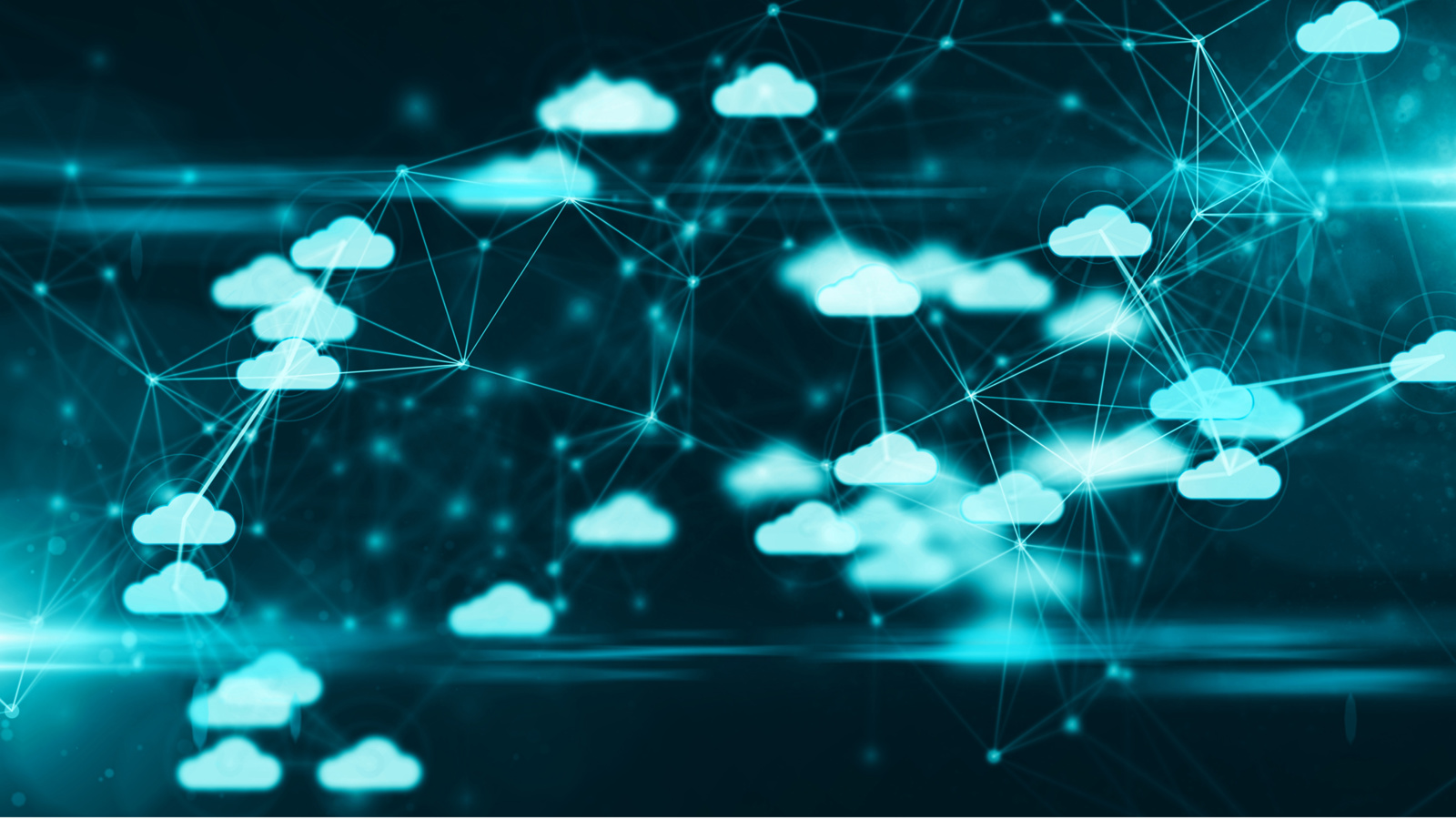 Abstract digital illustration of interconnected clouds representing cloud computing and networking.
