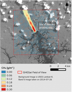 Map showing methane concentration in a specific area with a color scale, indicating the site of a dam and aerating weir.
