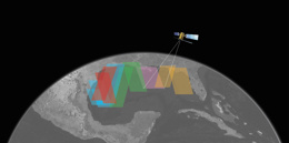 Satellite in space capturing overlapping colored data segments over a map of Earth.