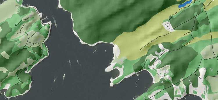 Map showing coastal area with green, yellow, and gray zones representing different land uses and roads.