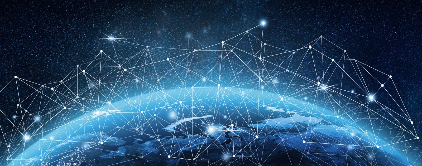 Digital illustration of Earth from space with interconnected network nodes representing global communication.