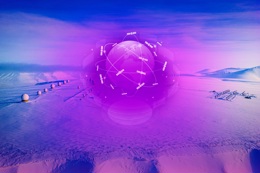 Snowy landscape with multiple spherical structures and a glowing purple globe overlay featuring satellites orbiting it.