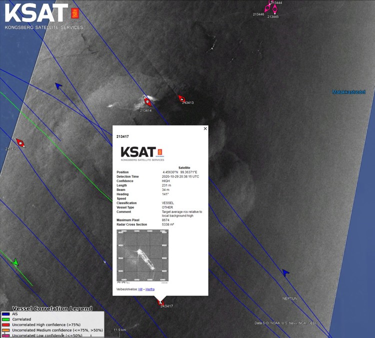 Satellite image from KSAT showing vessel detection and data in a maritime area near Malakkastredet. The image includes detected vessel positions with details such as coordinates, detection time, confidence level, and vessel classification.