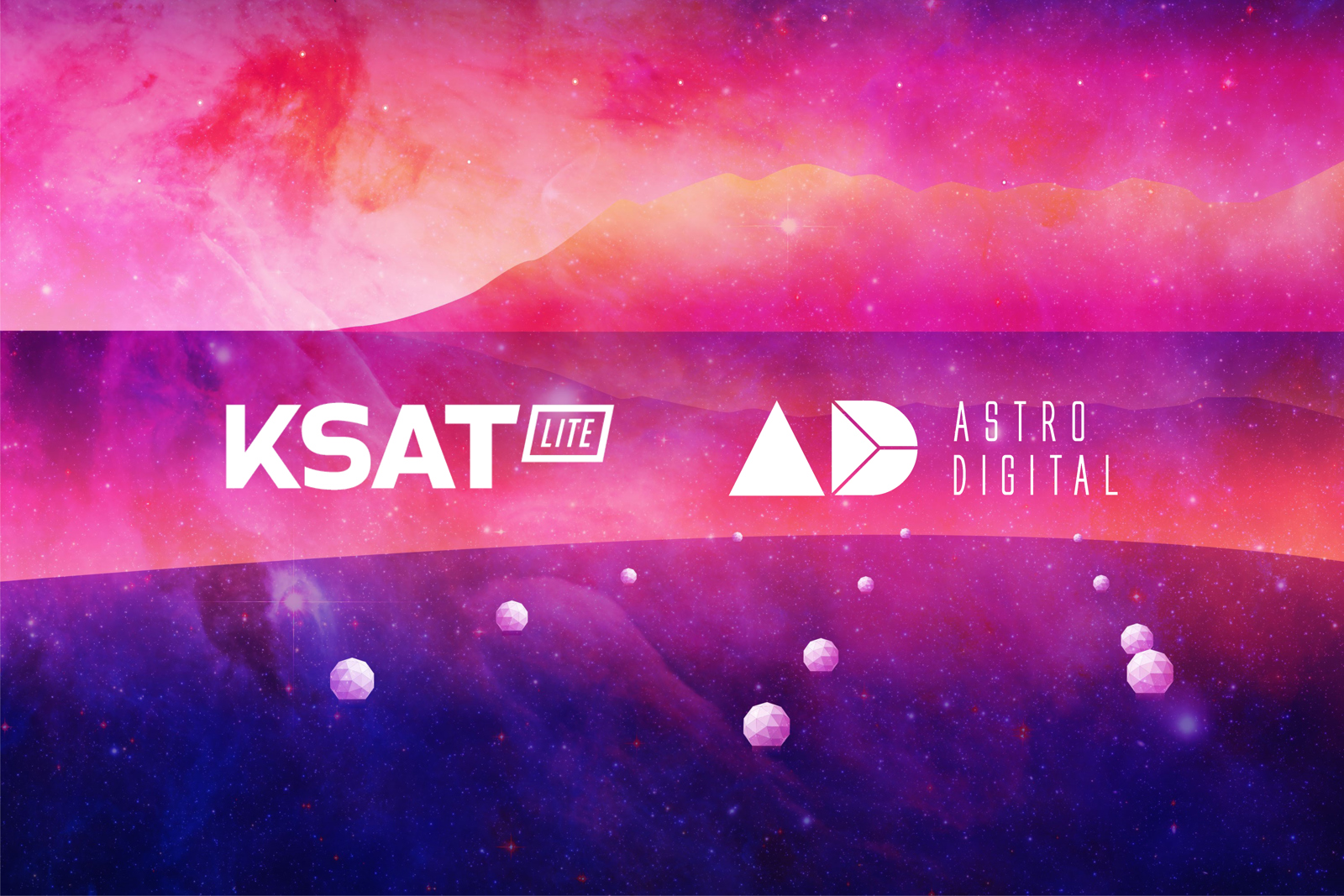 KSAT Lite and Astro Digital logos over a colorful, abstract space background with shades of pink, purple, and orange, featuring floating geometric shapes.