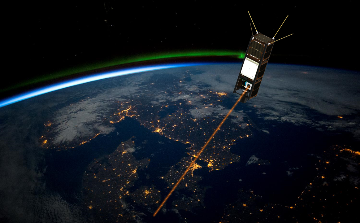 Satellite orbiting Earth, with city lights visible on the surface below and a beam of light extending from the satellite.